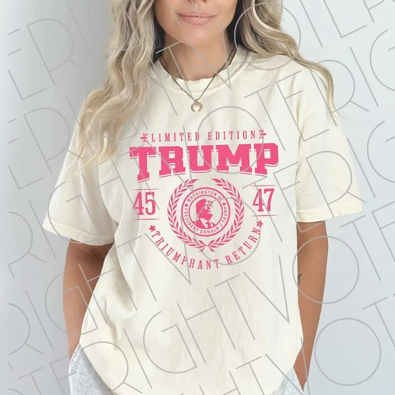 Vintage Pink Trump Graphic T-shirt, Preppy Trump 45 47 Varsity Proud Conservative T-shirt, Patriotic America First Trump 2024 Supporter Womenswear Top