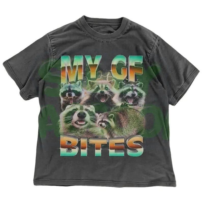 Vintage Raccoon Mens TShirt, My GF Bites Funny Boyfriend Gift, Edgy Animal Meme Tee, Sarcastic Retro Graphic Top for Him,...