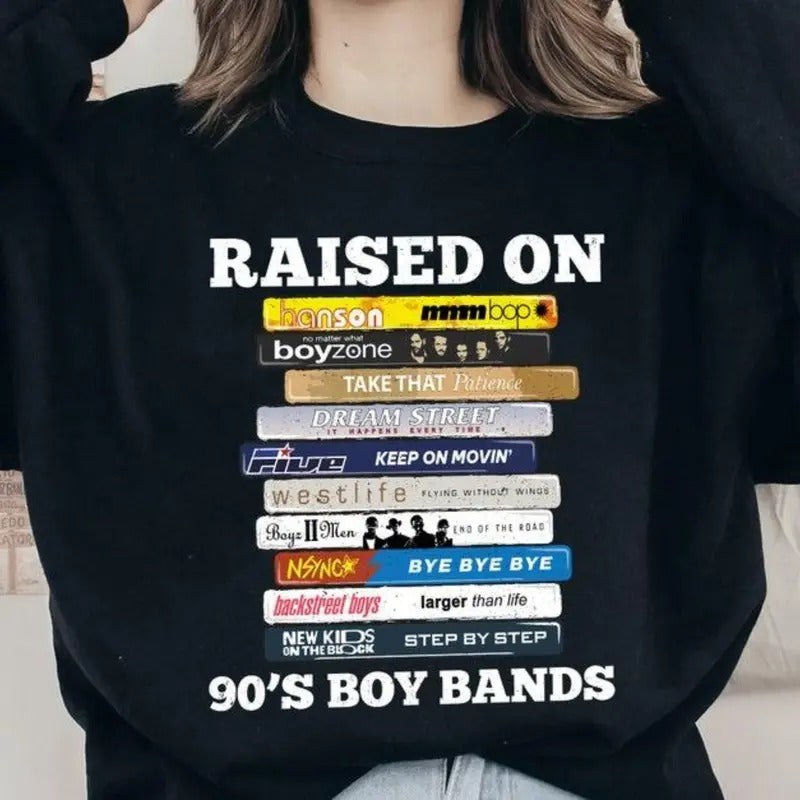 Vintage Raised on 90s Boy Bands Graphic Tee - Cassette Tapes, Boyzone, Backstreet Boys, Westlife, Hanson - Men's Top