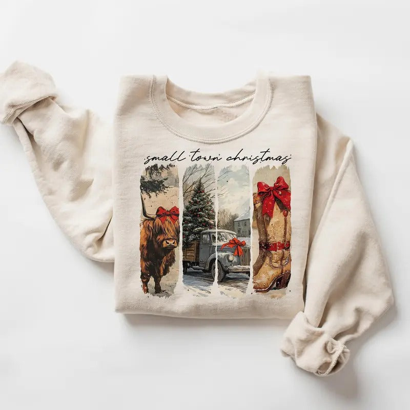 Vintage Small Town Christmas Sweatshirt, Cowgirl Christmas Sweater, Small Town Girl Christmas Shirt, Highland Cow Christmas Shirt, Christmas Western Shirt, Xmas Tee