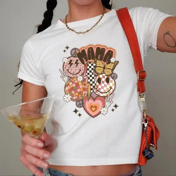 Vintage Smiley Mama Graphic Babytee, Mom Baby tee for Mother's Day, Funny Mom Baby tee, Mama Smiley Tee Cotton Hoodie,...
