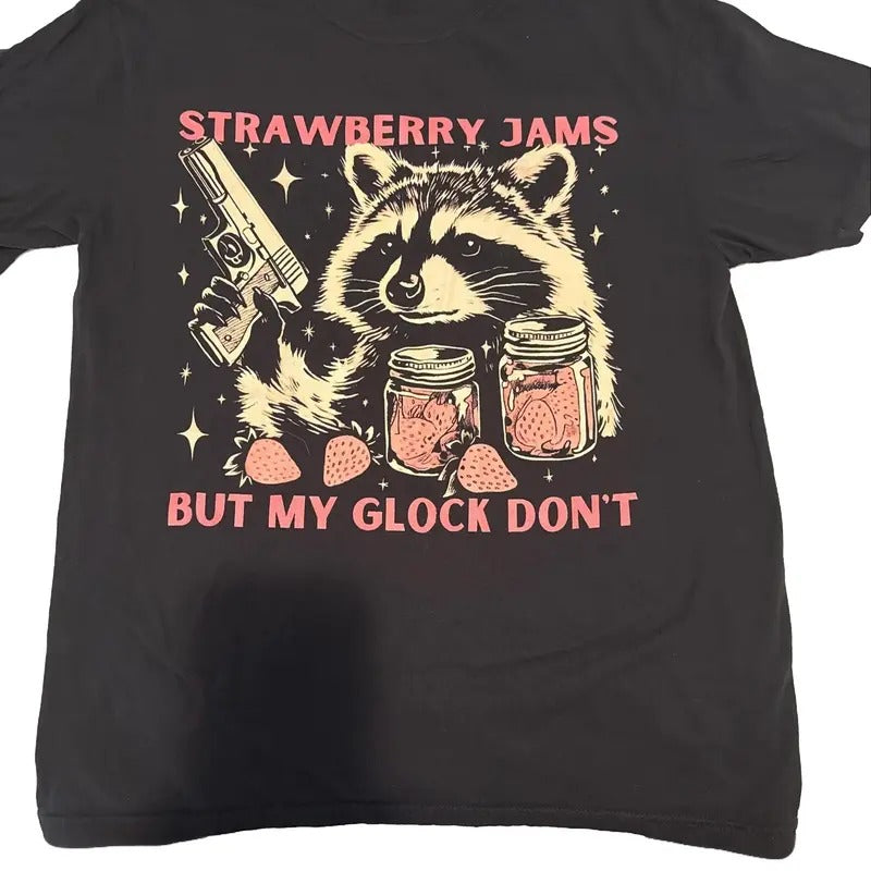 Vintage Strawberry Jams Raccoon T-Shirt, Retro Trash Panda Tee, Funny Animal Pun Shirt, Raccon Gun Meme Tee, Trendy Animal Lover Gift