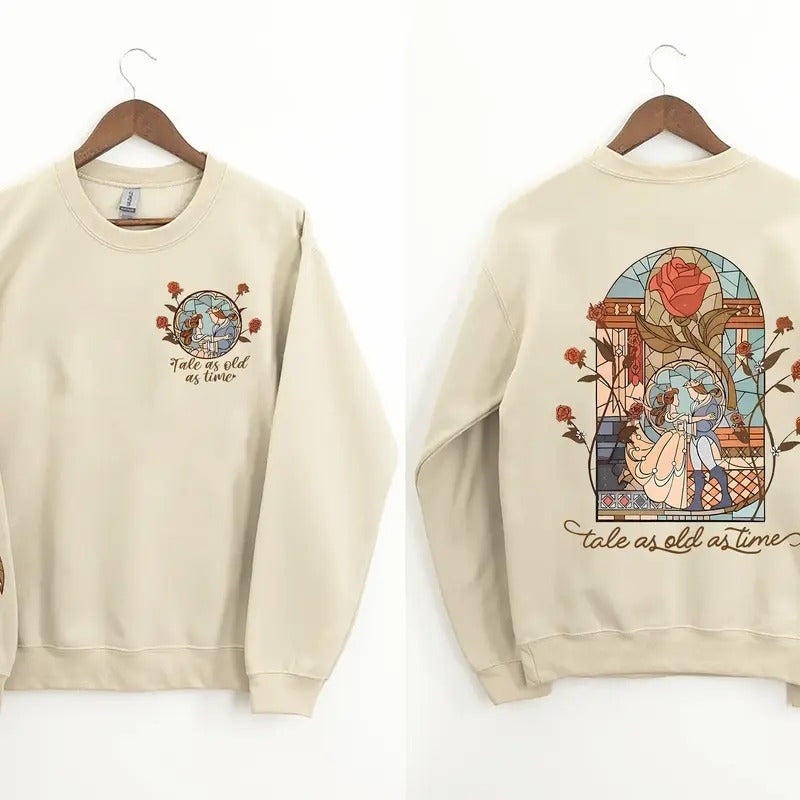 Vintage Tale as Old as Time 2 Sides Sweater + Rose Sleeve Print, Belle's Book Shop Hoodie, Booktok Sweatshirt, Family...