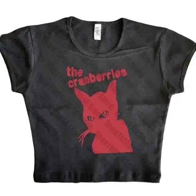 Vintage The Cranberries Baby Tee, Gothic Punk Baby Tee Vintage Street Women cat Graphics Grunge T-shirt Y2k Clothes Aesthetic Cute Slim Goth