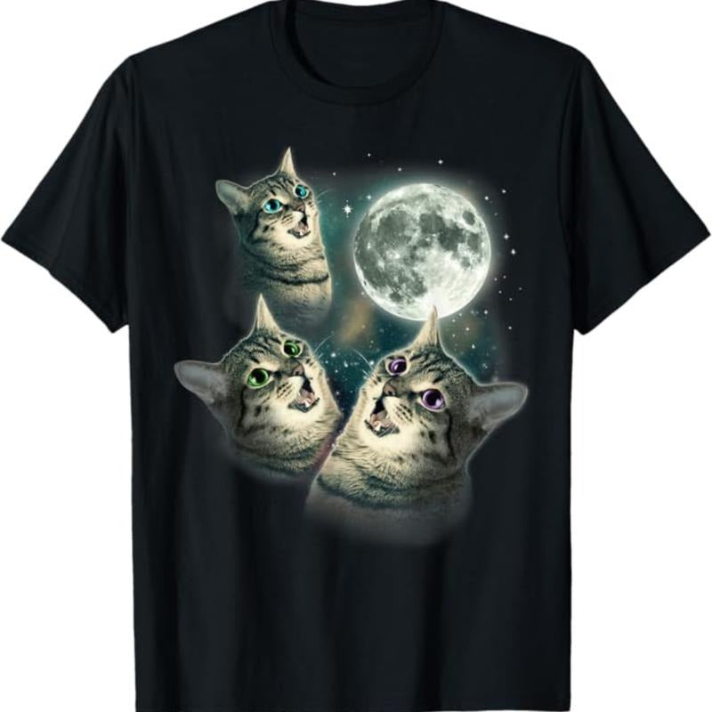Vintage Three Cat Moon 3 Wolfs Cute Kitten Graphic T-Shirt, Fantasy Kitten Tshirt, Cute Cat Shirt, Love Cat Tshirt, Meme Cringe Funny Dumb Shirts, Unisex Shirt Menswear Womenswear Streetwear