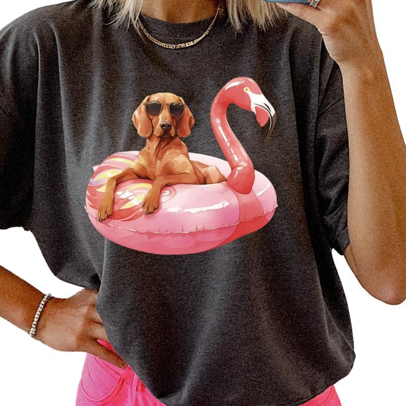Vizsla Flamingo Float Dog Shirt ~ Unisex Apparel Relaxed Fit Printed In The USA Clothing Womenswear Casual Comfort Cotton Top Athletic Boho Chic