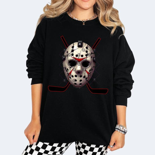 'Vorhees 13'  Halloween Character Long Sleeve Crewneck Sweatshirt T Shirt or Hoodie Casual Poly Cotton Blend Graphic Top for Women