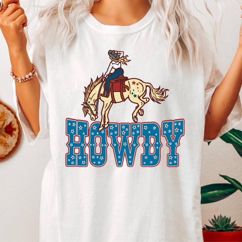 WESTERN JULY 4TH SHIRT, HOWDY HORSE SHIRT, 4TH OF JULY MEN SHIRT, UNISEX COTTON SHIRT, OVERSIZED HOLIDAY SUMMER SHIRT Fabric Menswear