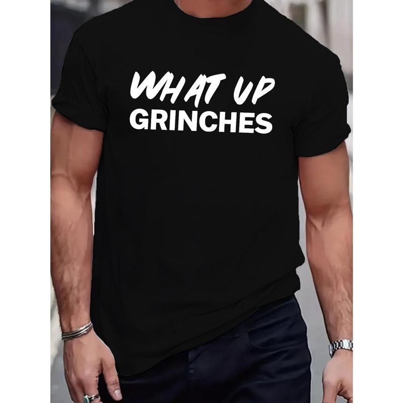 WHAT UP Letter Print T Shirt, Tees For Men, Casual Short Sleeve Casual T-shirt Street Style For Spring Summer Made in USA