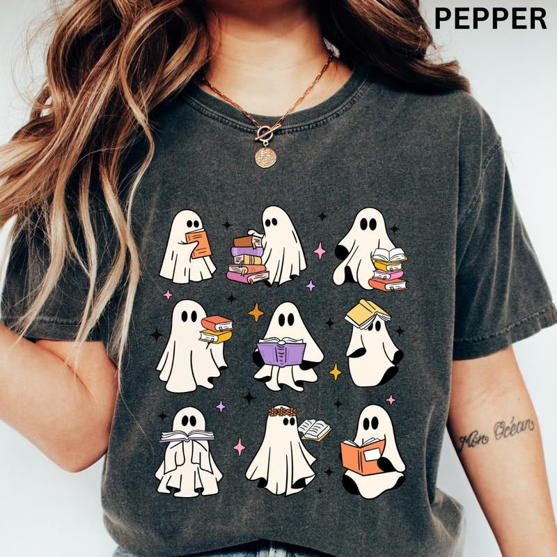 WOMENS GRAPHIC TEES, WOMEN'S READING SHIRT, GHOSTS READING BOOKS SHIRT (COMFORT COLORS T-SHIRT, CASUAL SHIRT UNISEX, HALLOWEEN CLOTHING, GRAPHIC APPAREL) Cotton Fabric