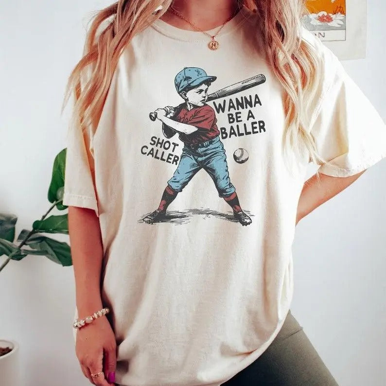 Wanna be a baller shot caller Tshirt, Retro baseball shirt, Baseball boy Shirt, Baseball Lover Gift, Game Day Shirt, Sport Top Womenswear Streetwear