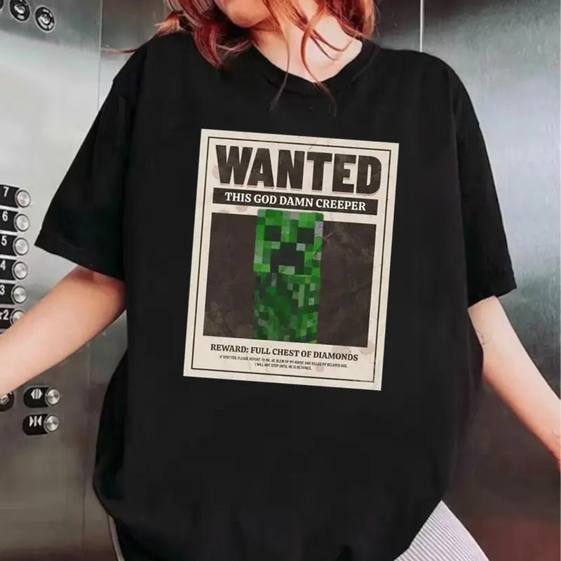 Wanted Creeper Unisex T-Shirt, Perfect for Gamers, Minecraft Fans, Casual Wear, Gift for Teens