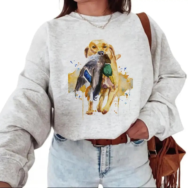 Watercolor Dog Hunting Mallard Duck Sweatshirt T-shirt, Hello Hunting Season Hoodie, Unisex for Husband, Wife, Nature Animal Lover Cotton