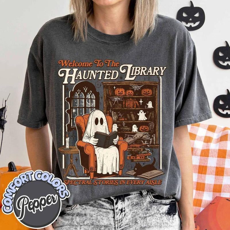 Welcome To Haunted Library Shirt, Retro Ghost Reading Books Shirt, Reading Ghost T-shirt, Librarian Ghost Tee, Ghost Bookish Gift Cotton Crewneck