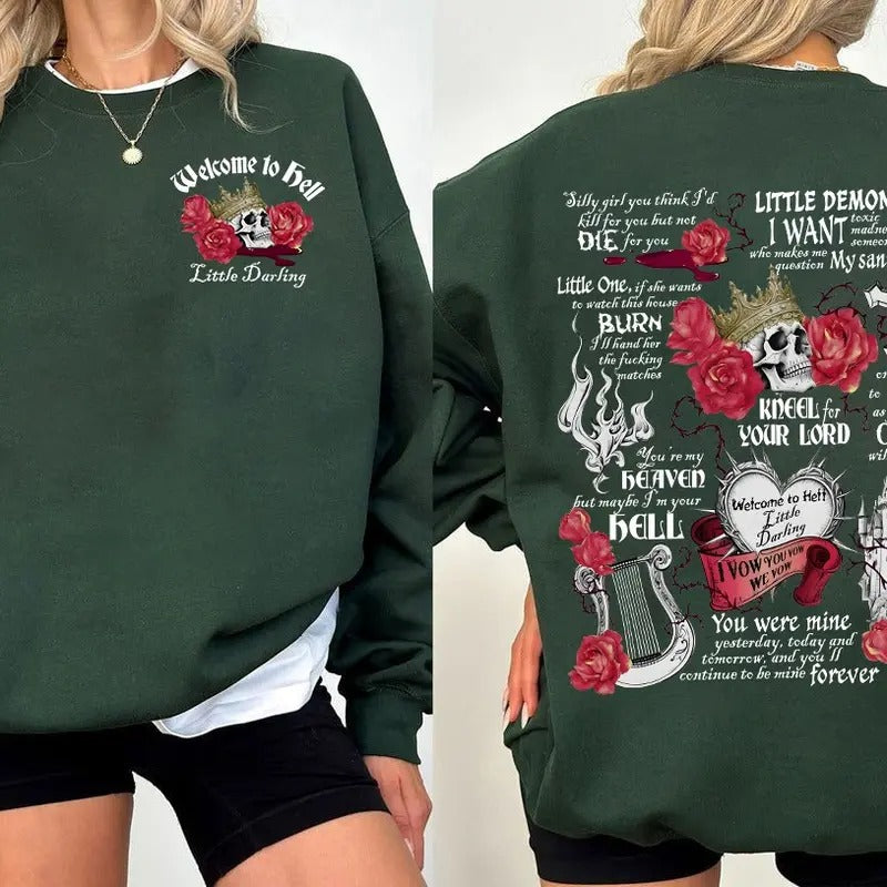 Welcome To Hell Little Darling Sweatshirt, Haunting Adeline Hoodie, Dark Romance Merch, Smut Reader, Book Lover Gift, Zade Meadows Unisex Soft Comfort Crewneck Pullover Long Sleeves Graphic Fabric Sweater