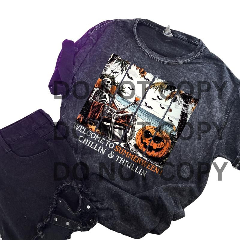 Welcome to Summerween Chilling & Thrilling Black Halloween Crewneck T Shirt with Neon Cauldron Witches Hat Bats and Pumpkins Graphic in Circle Design Short Sleeve Unisex Sizing Casual Top Streetwear Menswear Festive