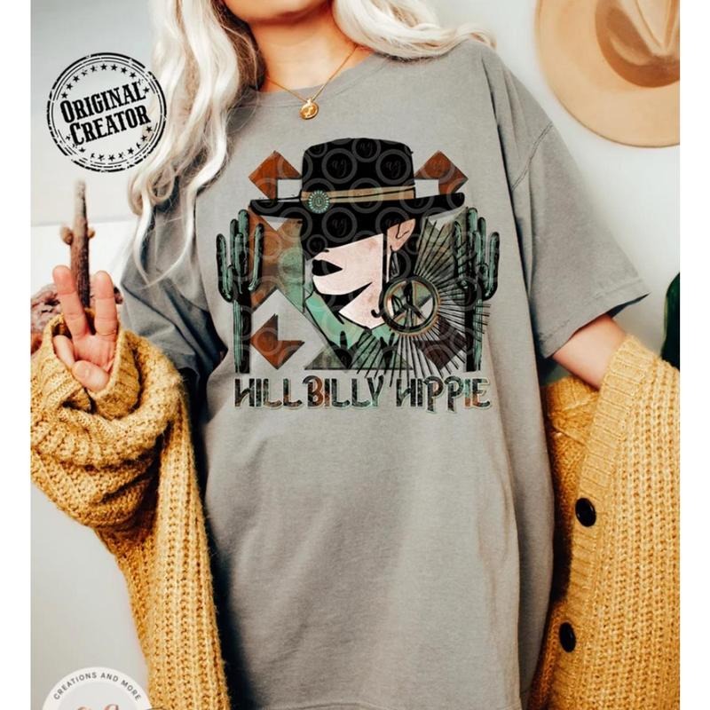 Western Cowgirl T Shirt, Hillbilly Hippie Cowgirl Tee, Retro Western Shirt, Sublimation Design Top KNO9G