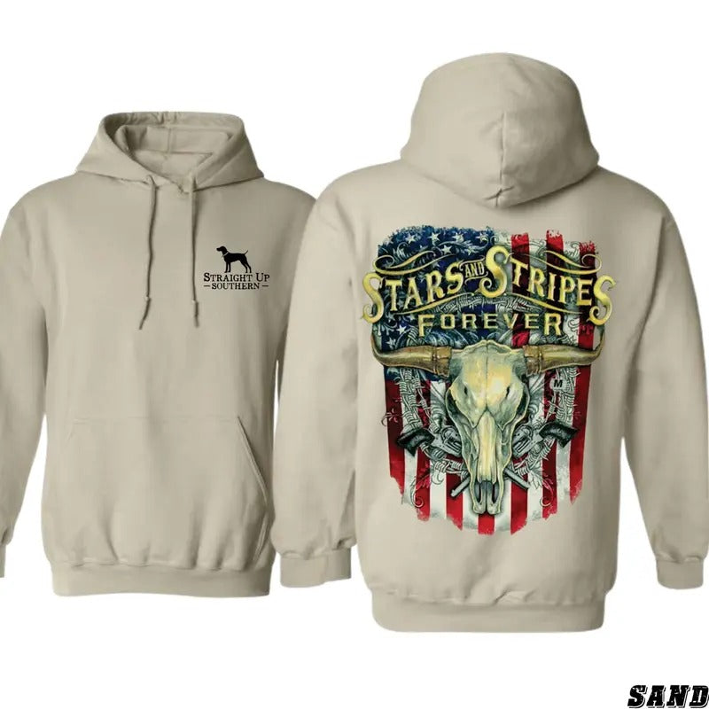 Western Skull Hoodie - Stars and Stripes Forever Design with Bold Cowboy and Flag Graphics, Ideal for Western Style Fans and Patriotic Spirit, Unisex Hoodie for Daily Wear Menswear Sweaters