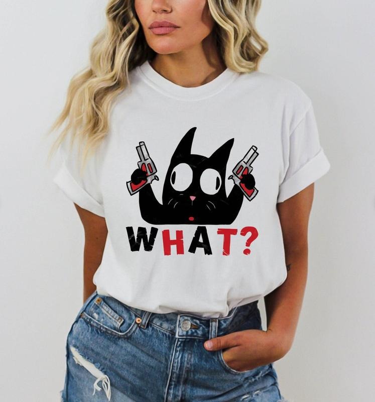 What Cat Shirt, Cat Lover T-shirt, Funny Cat Shirt, Animal Lovers Shirt, Black Cat Pewpew Shirt, Funnt Cat Tshirt, Halloween Cat Tshirt Top Womenswear