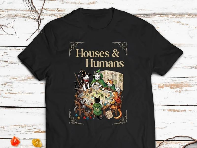 Whimsical Houses & Humans Cats DND Inspired T-Shirt, Perfect for Gamers who Love Cats and Casual Wear, Dungeons and Dragons, D&D