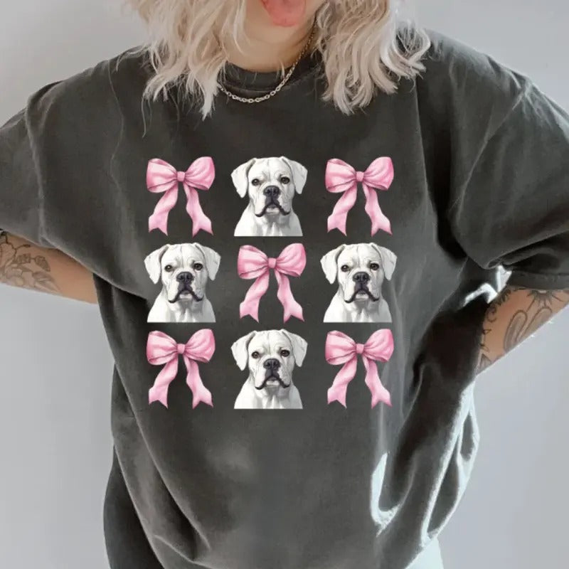 White Boxer and bows Shirt ~ Unisex Apparel Relaxed Fit Printed In The USA Clothing Womenswear Casual Comfort Cotton Top Athletic Boho Chic