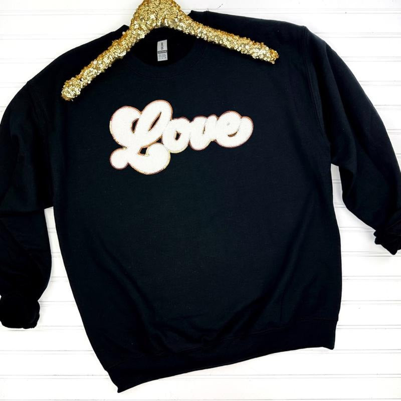 White Chenille Love Patch Sweatshirt -- BLACK