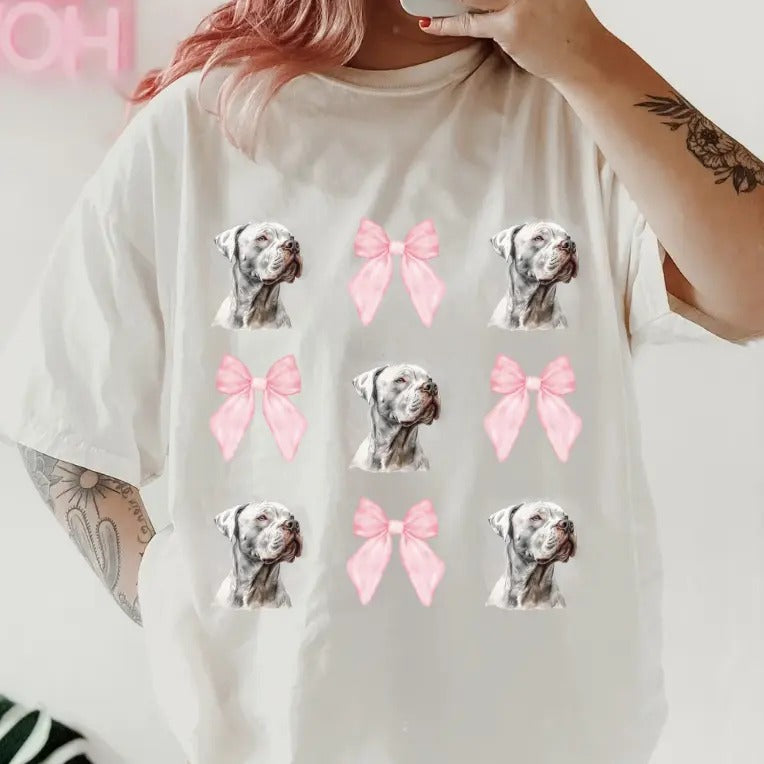 White PitBull with bows Shirt ~ Unisex Apparel Relaxed Fit Printed In The USA Clothing Womenswear Casual Comfort Cotton Top Athletic Boho Chic