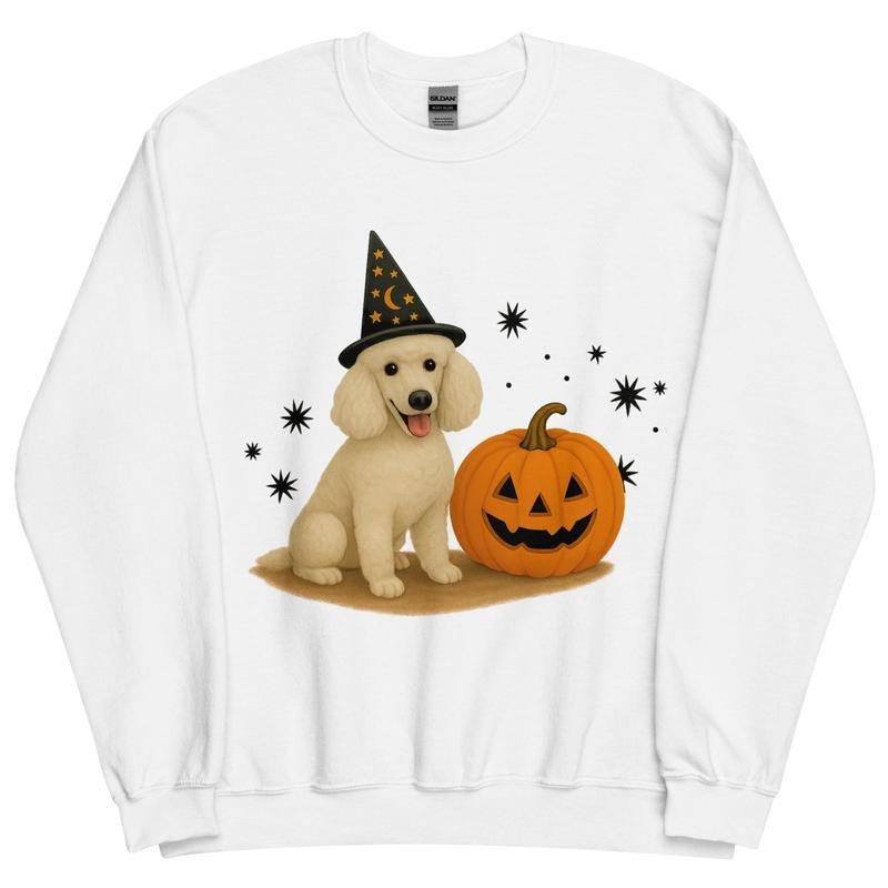 White Poodle Halloween Witchy Dogs Sweatshirt ~ Unisex Apparel Relaxed Fit Printed In The USA Clothing Womenswear Casual Comfort Cotton Top Athletic Boho Chic