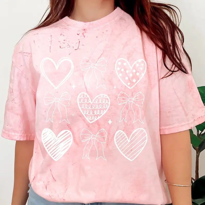 White bow and heart doodles Valentines day Shirt~ Unisex Apparel Relaxed Fit Printed In The USA Clothing Womenswear Casual Comfort Cotton Top Athletic Boho Chic