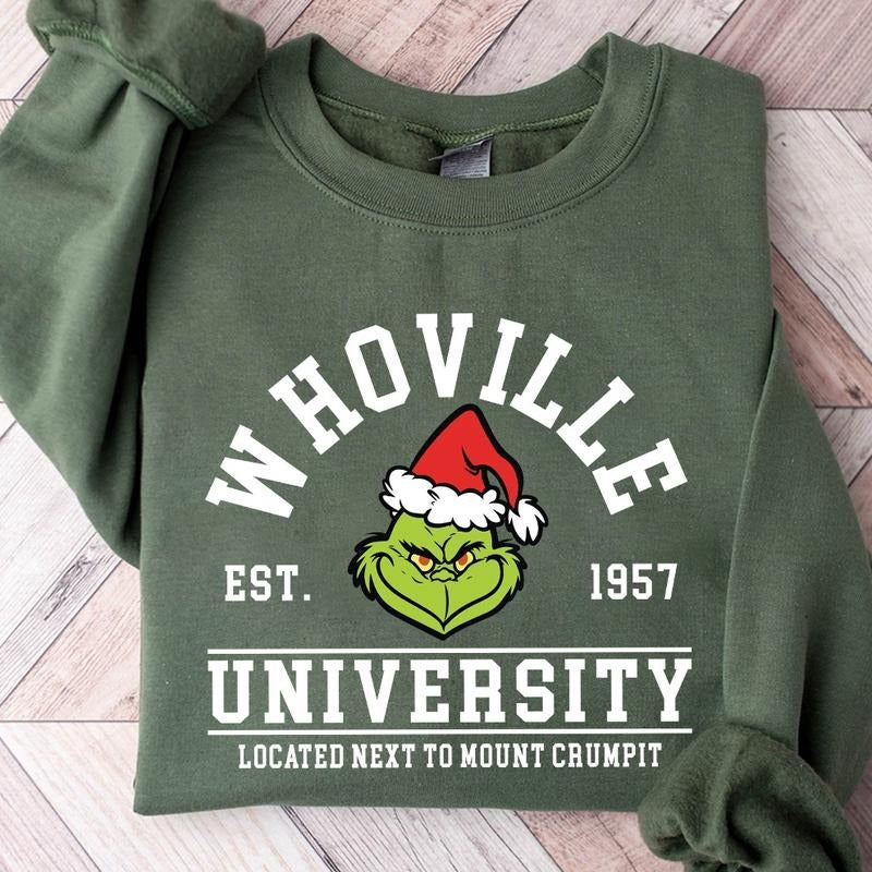 Whoville University Grinch Christmas Crewneck Sweatshirt, Hoodie, T-shirt