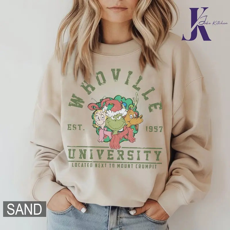 Whoville University Sweatshirt, Grinc Christmas Shirt, Christmas Movie Shirt, Retro Christmas Whoville Sweater, Grinc Nostalgia Xmas T-Shirt.