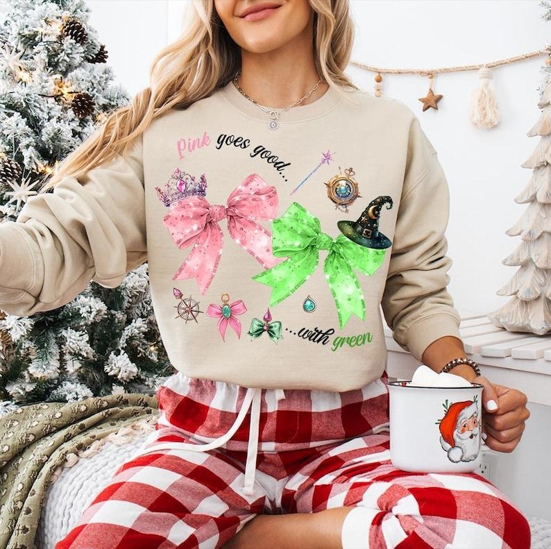 Wic.ked Movie Pink Goes Good With Green Sweatshirt, Defy Gravity Broomstick Magic Wand, Wizard Movie Fan , Wic.ked Musical Fan Gift