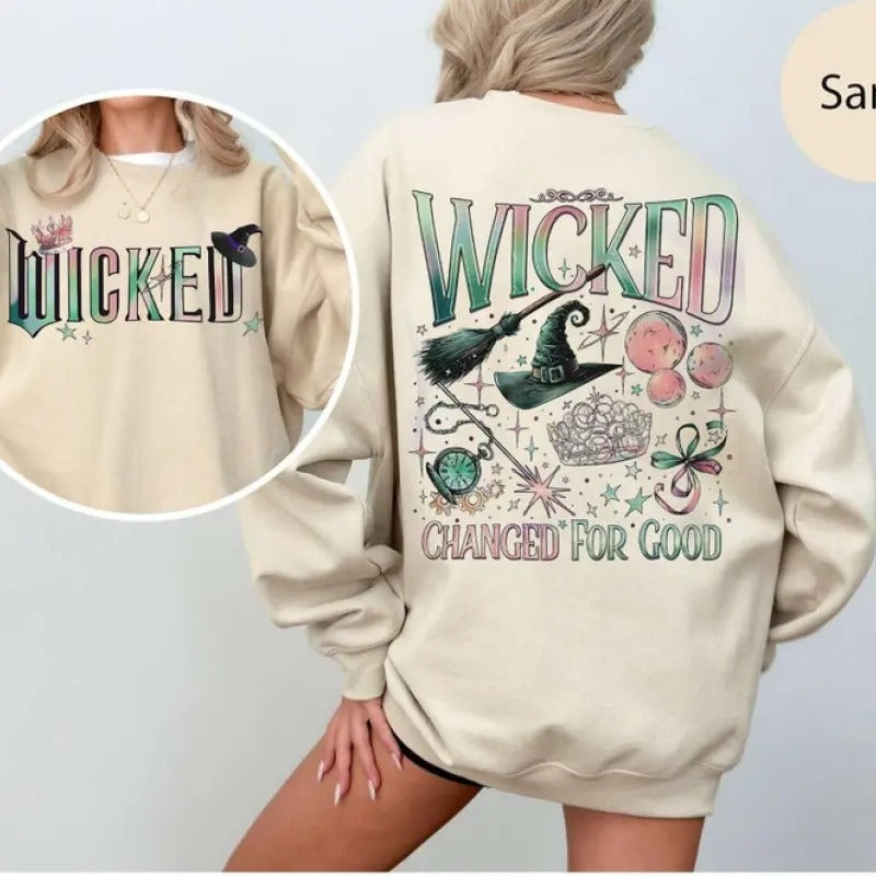 Wicked Movie 2-Sided Sweatshirt, Wizard of Oz Fan Apparel, Pink and Green Witch Shirt, Pop Culture Graphic Wicked Musical Tee