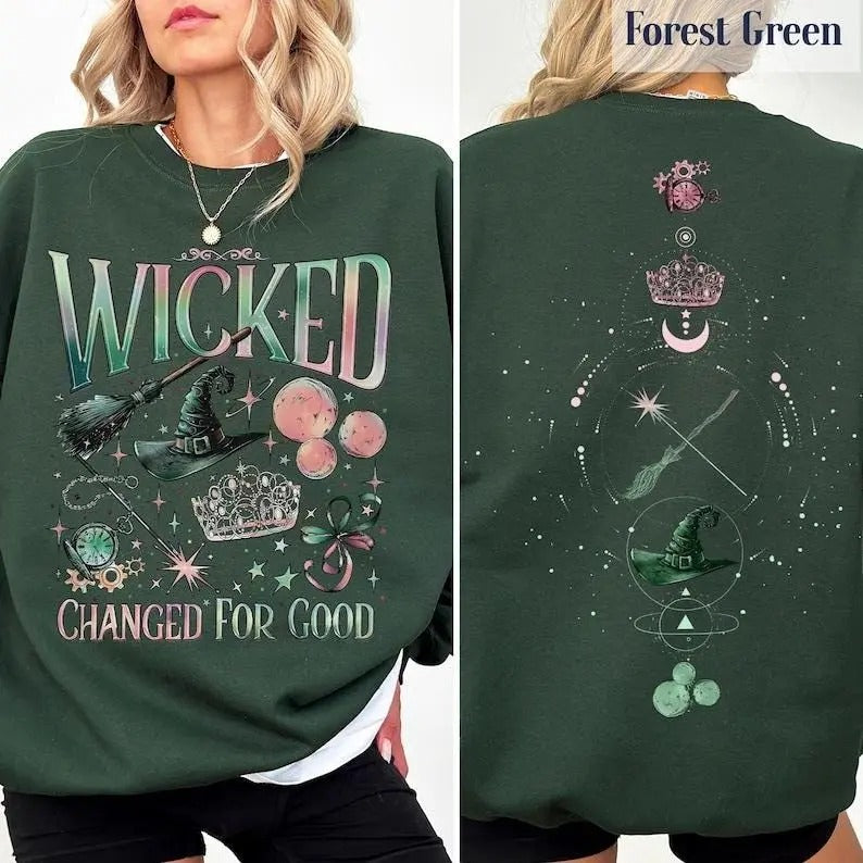 Wicked Movie 2 Sided Sweatshirt, Wizard of Oz Fan Gift, Witch Pink and Green Shirt, Pop Culture Graphic Wicked Musical Shirt, A New Musical