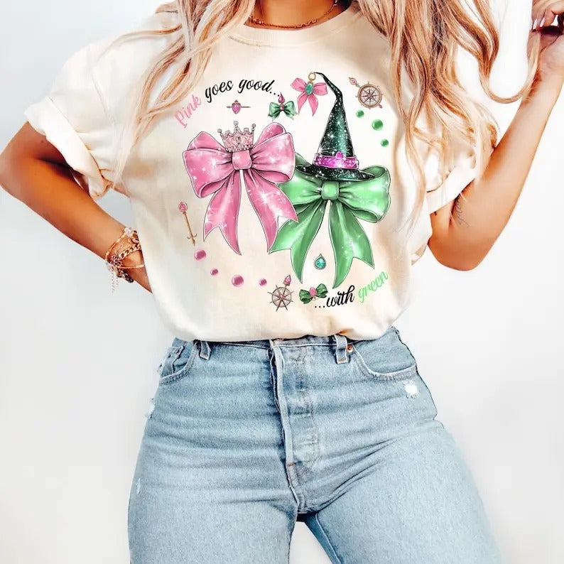 Wicked Pink Goes Good With Green Shirt, Defy Gravity Broomstick Magic Wand, Wizard Movie Fan Shirt, Wicked Musical Fan Gift