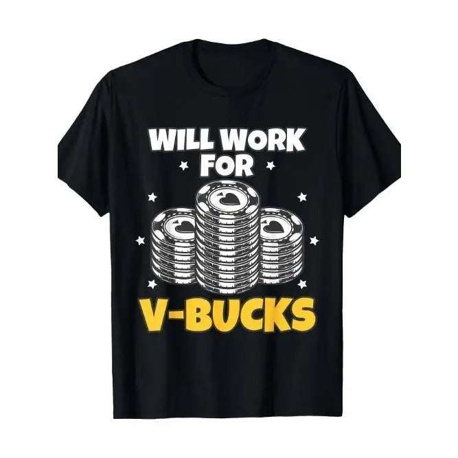 Will Work For Bucks Graphic Tees - V Gaming Gifts for RPG Gamers Youth Men T-Shirts - Fun Humorous Novelty Apparel for Gamers and Esports Enthusiasts Made in USA