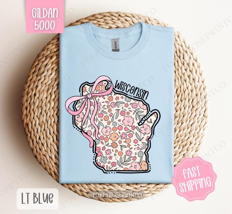 Wisconsin Floral Bow Gildan T-shirt, Cute Trendy Tee, State Coquette Oversized Top