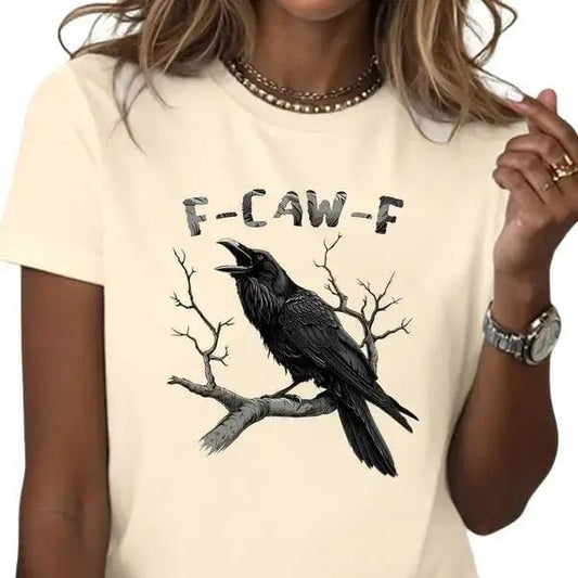 Witchy Raven T-Shirt , Bold Crow Perched on Tree with F-CAW-F Dark Humor Text , Edgy and Sarcastic Style , Unisex 1-side Printed Cotton Tee , TikTok Trend Shirt , Altwear Look Comfort Top,  Summer, Streetwear Womenswear Tshirt