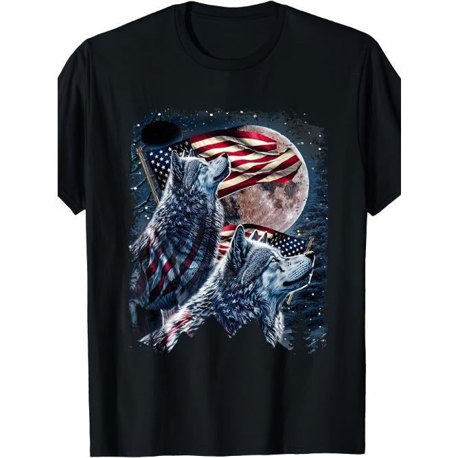 Wolf 4th Of July American Flag Howling Wolves Under Moon T-Shirt - Cotton T-shirt Made in USA