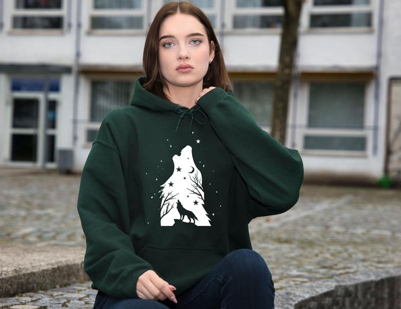 Wolf Moon And Stars T Shirt Hoodie Sweater Howling Wolf Hoodie Halloween Hoodie Wolf Hoodie Fall Hoodie Halloween Wolf Lover Gift Animal Lover Hoodie