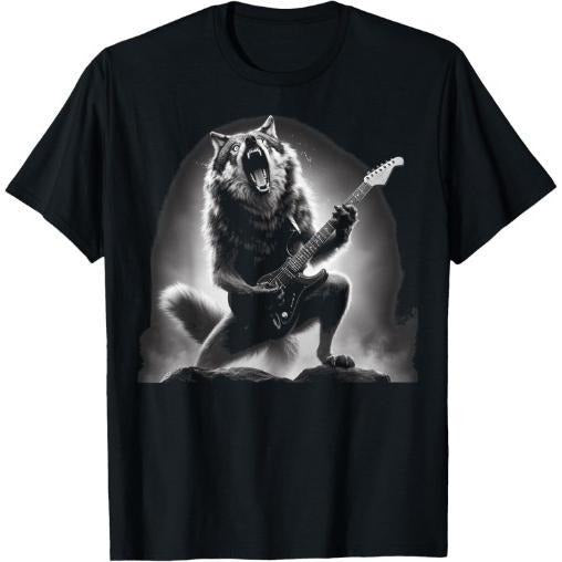 Wolf Playing Guitar Print T-shirt Cotton Casual Summer Tee, Trendy Tops Crew Neck Tee, Comfort Street Style Tee, Must-have Fashionable Tee Made in USA