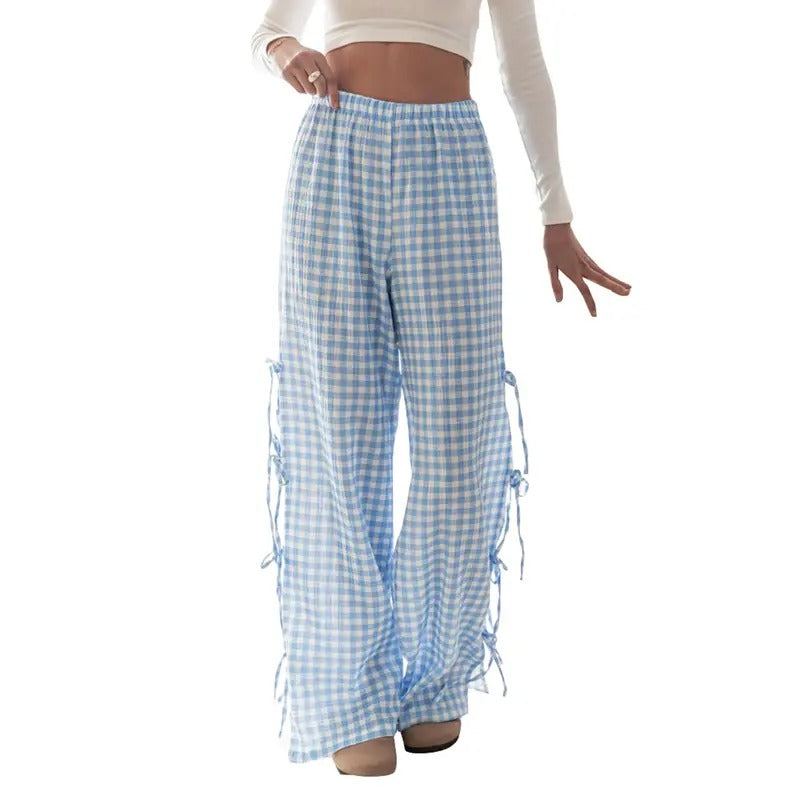 Women Y2K Gingham Pants Loose Fit High Waist Checkered Striped Bow Tie Side Slit Wide Leg Lounge Bottom Trousers Summer Casual Sweatpants