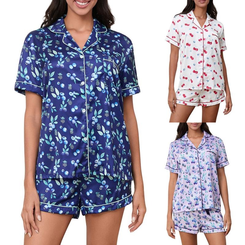 Women 2-Piece Loungewear Short Set Lapel Neck Short Sleeve Tops Bow Drawstring Shorts Print Pajama Outfit