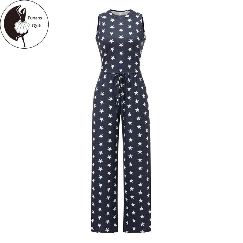 Women 2 Piece Summer Outfits Casual Star Print Crop Tank Tops and Drawstring Wide Leg Pants Set Streetwear