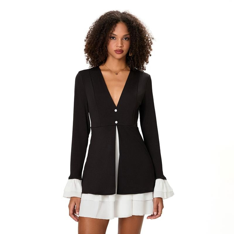 Women Blazer Ruffled Trim Dress V-Neck Long Sleeve Slim Fit Formal Short Dress Light Polyester