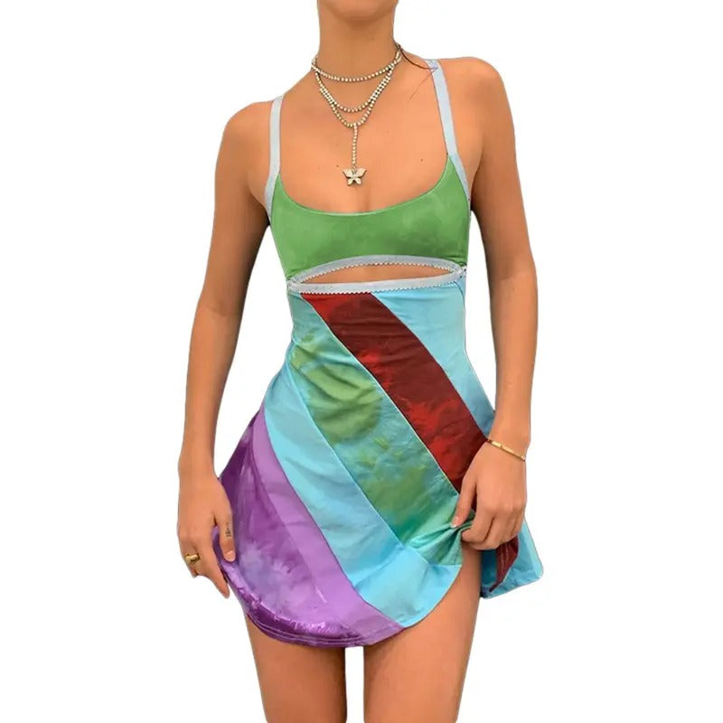 Women Bodycon Mini Dress Y2K Girls Halter Backless Sundress Slim Fit Sleeveless Patchwork Printing Short Dress Streetwear