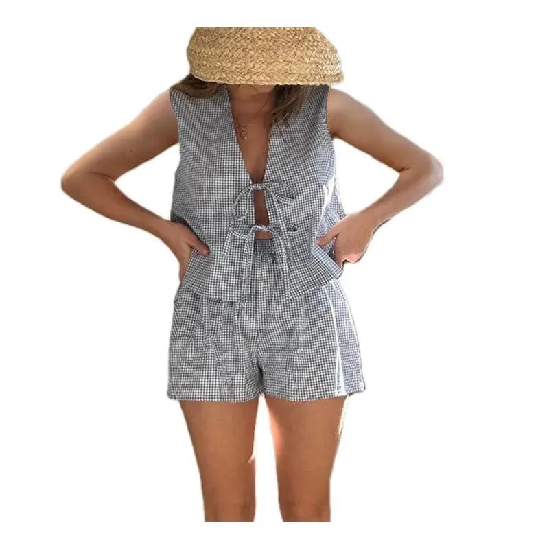 Women Casual Summer Lounge Set Y2k 2 Piece Outfits Set Sleeveless Tie Front Tank Top Vest Plaid Shorts Pj Set