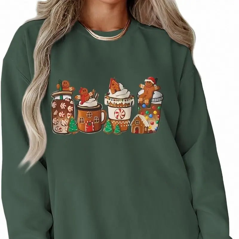 Women Christmas Sweatshirt Crewneck Gingerbread Shirt Long Sleeve Xmas Tree Coffee Pullover Oversized Holiday Tops Cotton Fabric