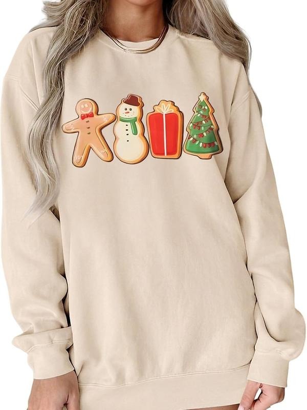 Women Christmas Sweatshirt Gingerbread Cookies Graphic Oversized Sweaters Xmas Tree Crewneck Holiday Winter Gifts Top Cotton Fabric