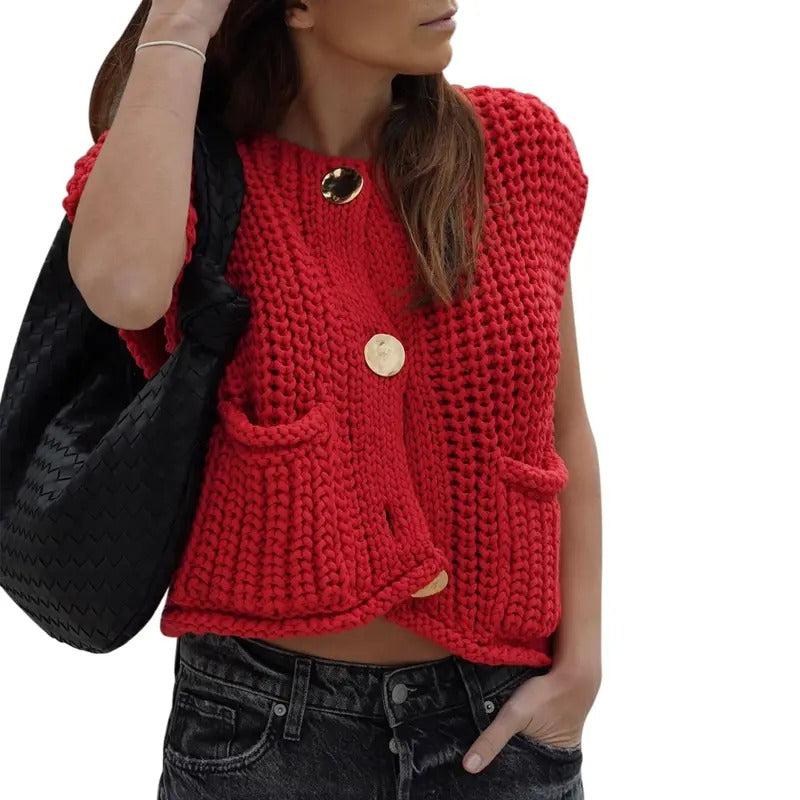 Women Crochet Chunky Knit Tops Y2k Crew Neck Sleeveless Button Down Cropped Sweater Vest Solid Color Cardigan Knitwear with Two Side Pockets Streetwear